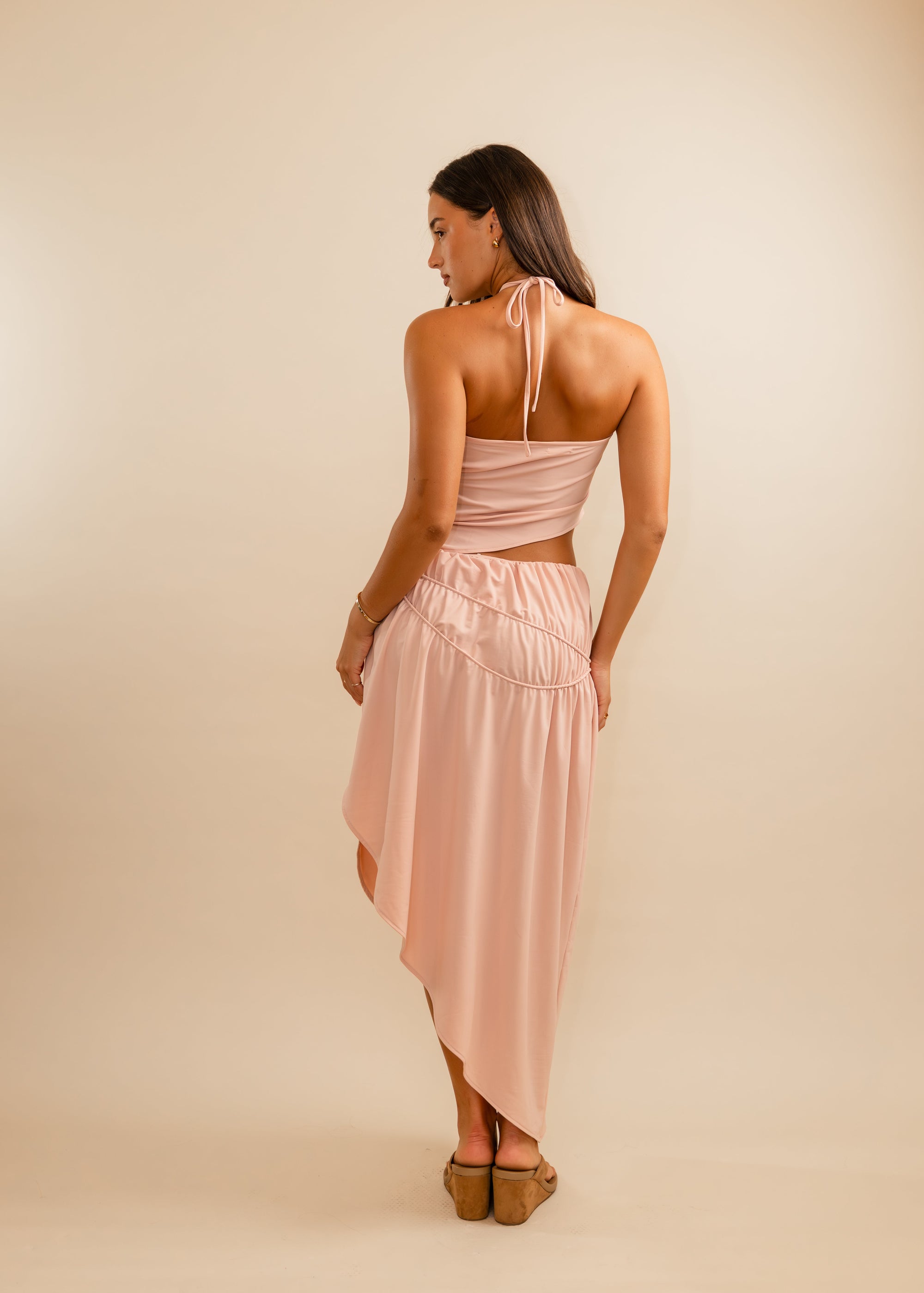 pink blush set with asymmetrical skirt and top 