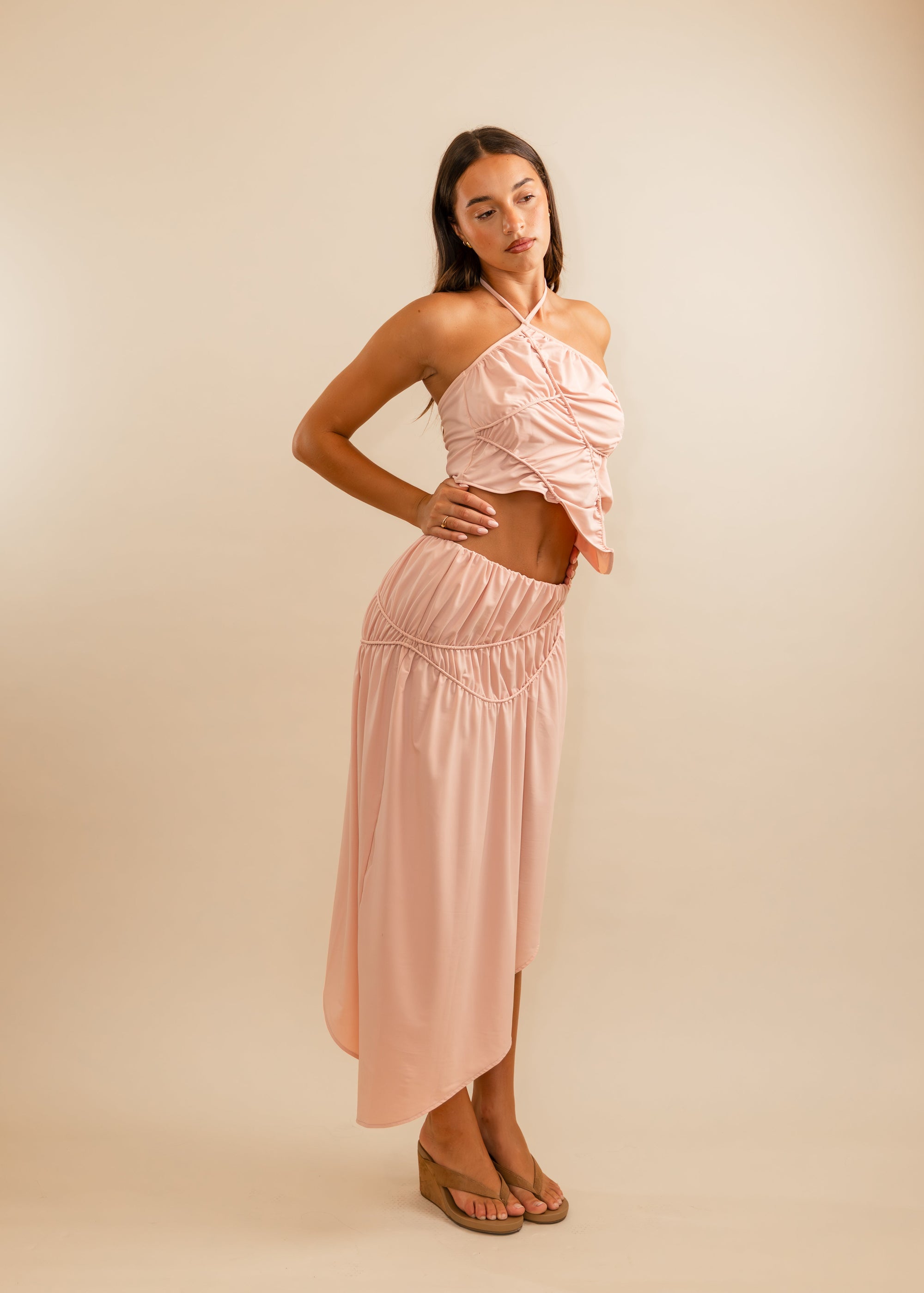 ruched maxi skirt blush 