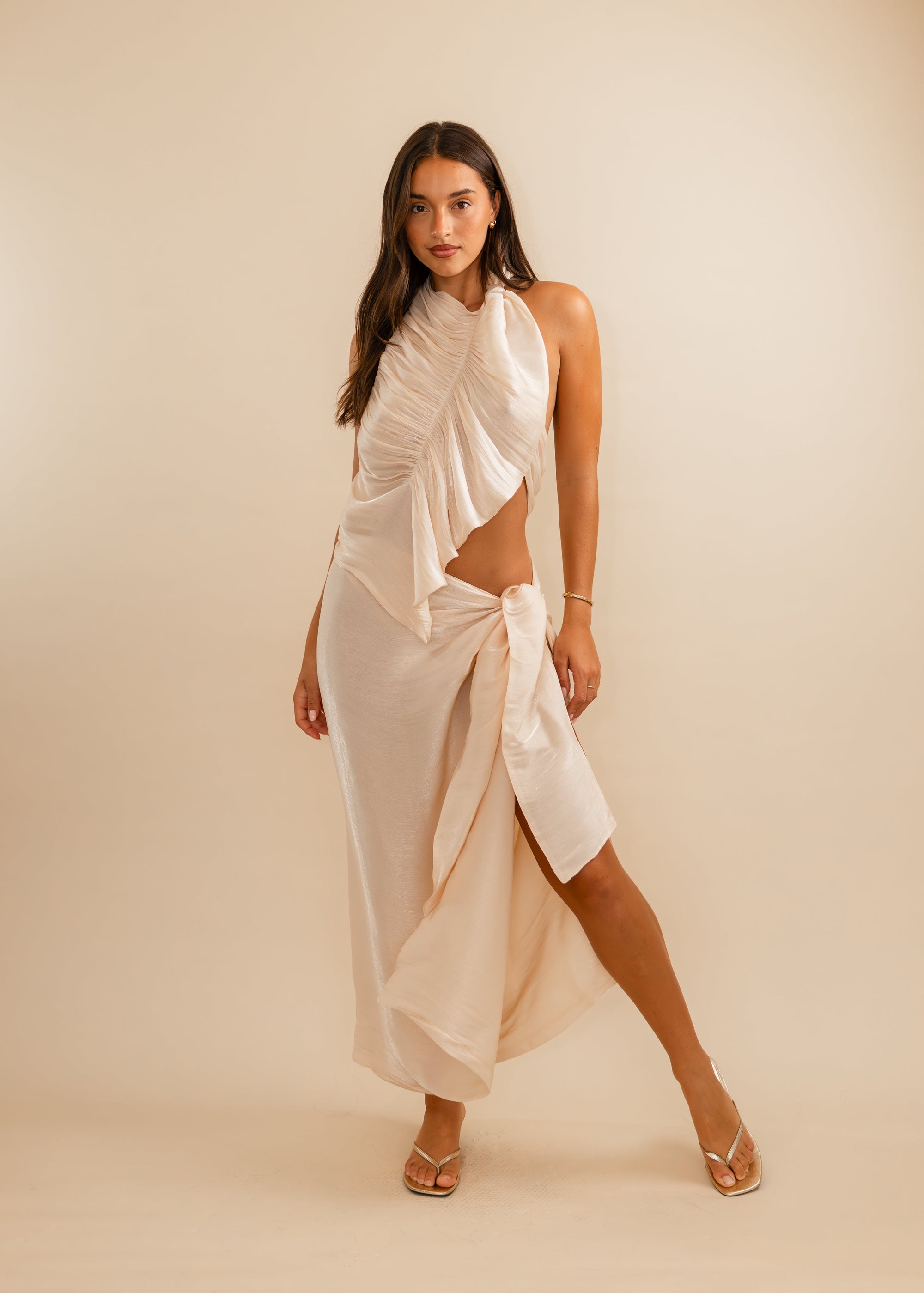 champagne top and skirt draped 