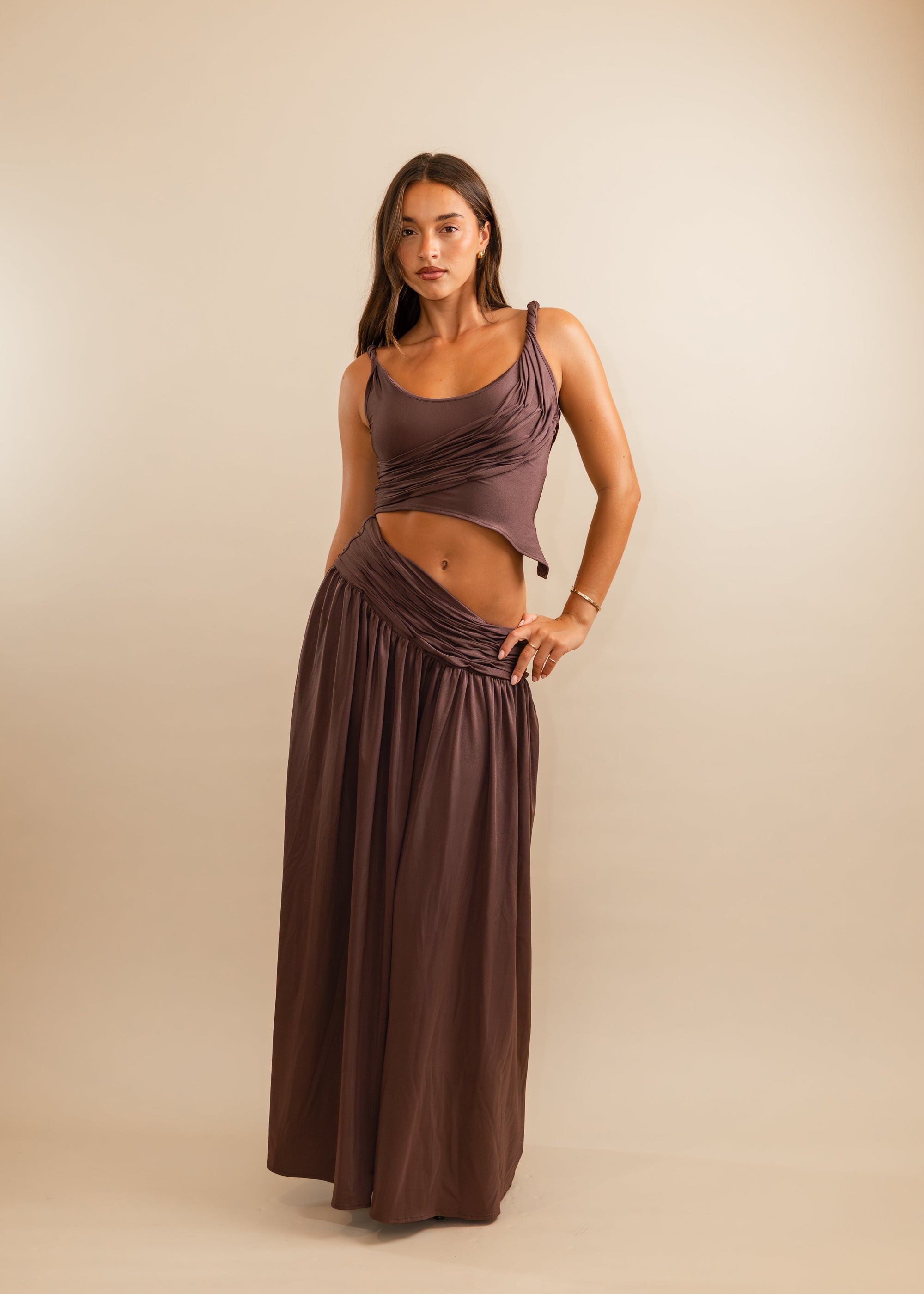 plum top and maxi skirt