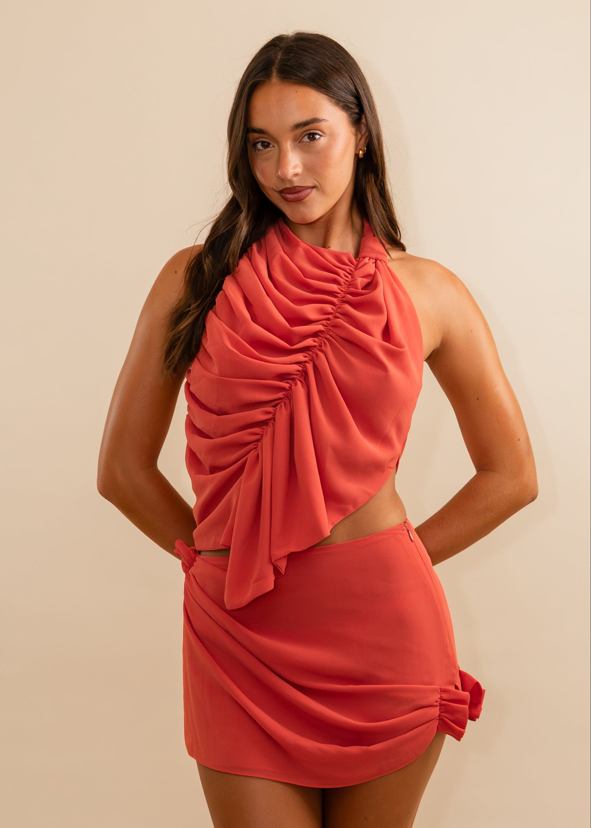 Coral detailed mini skirt and ruched halter tie top 