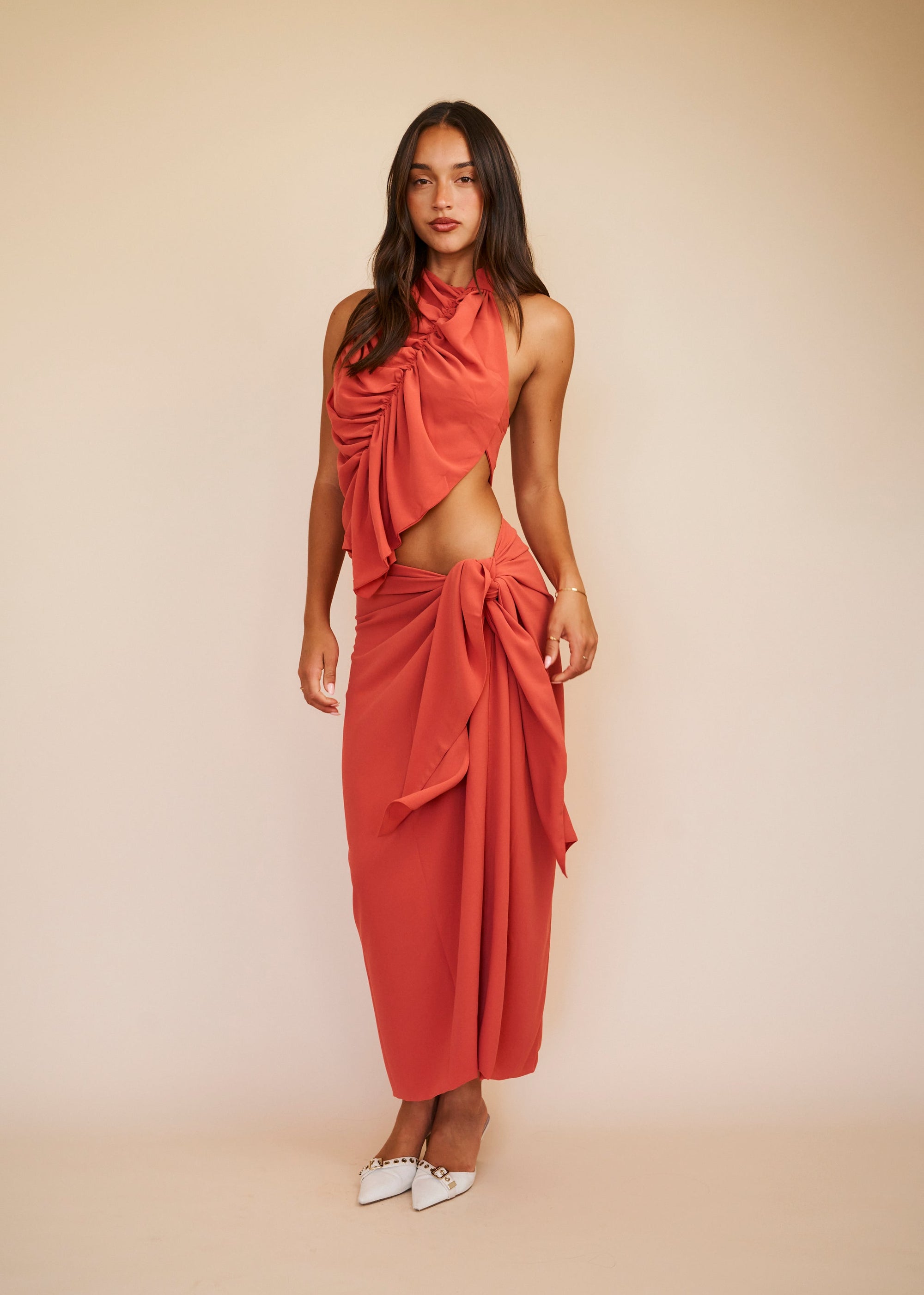Tie detail skirt with halter top orange 
