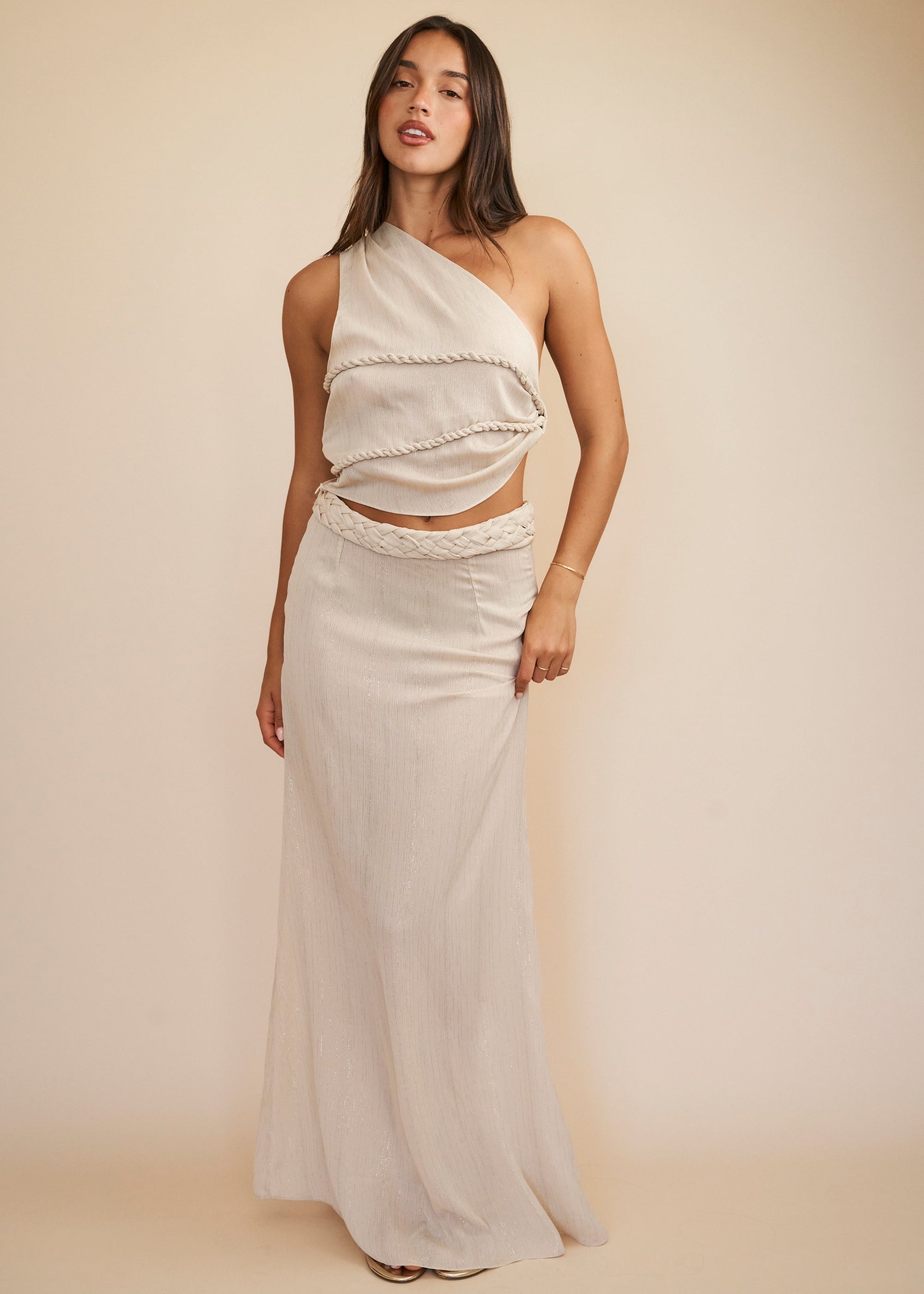 Ivory maxi skirt set with asymmetric top 