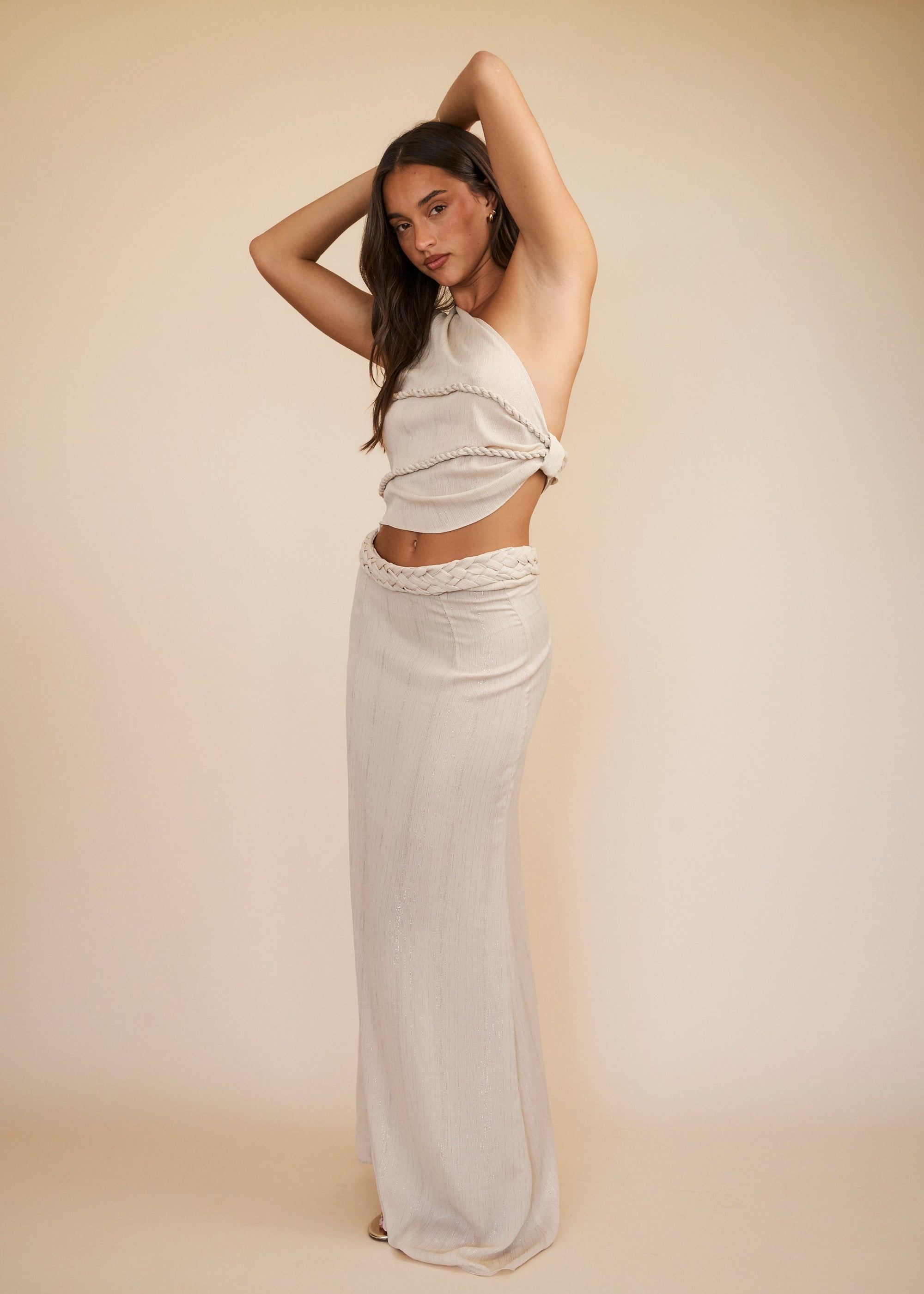 Ivory two piece outfit with braided waistband and maxi skirt