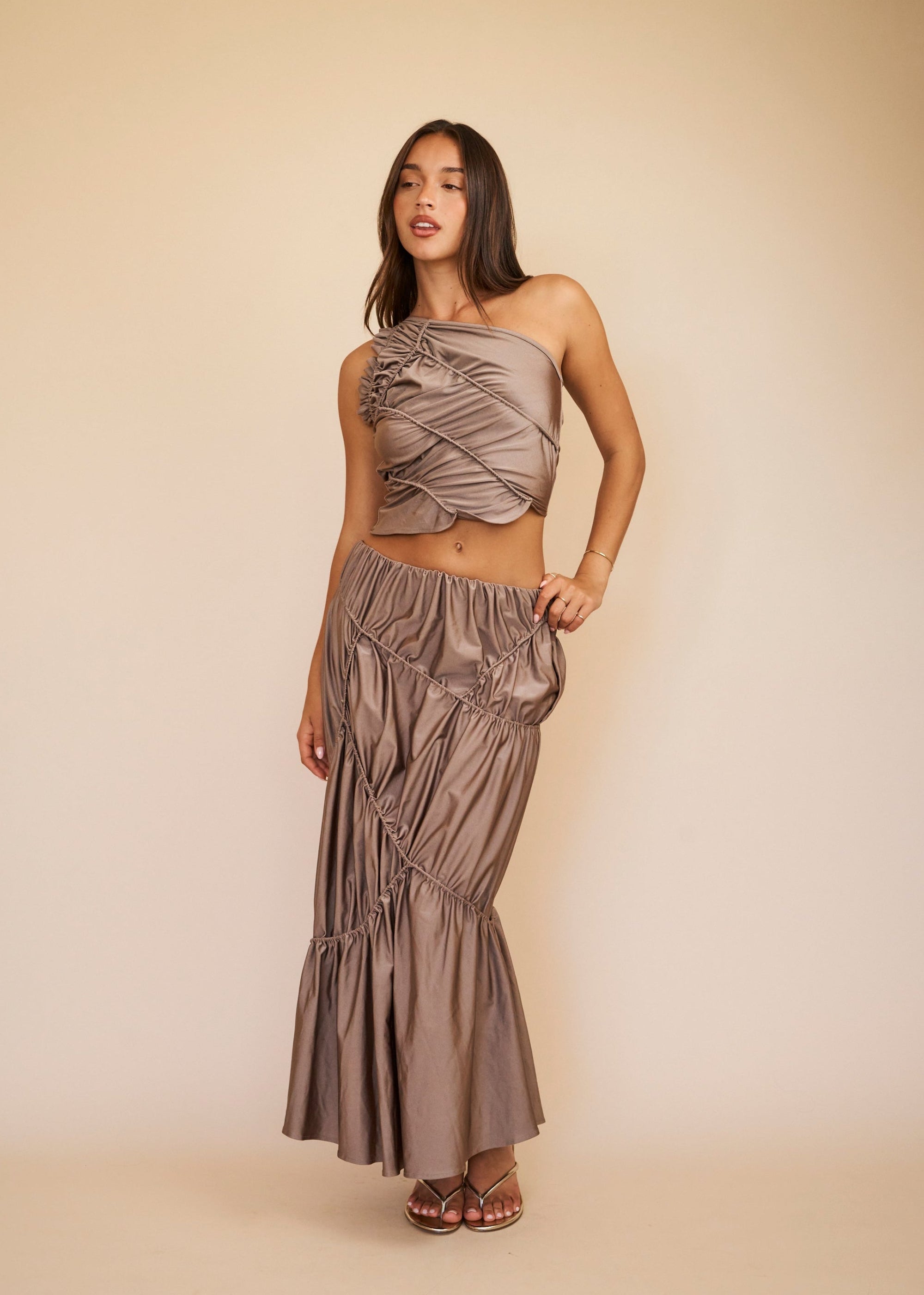 brown Ruched maxi skirt