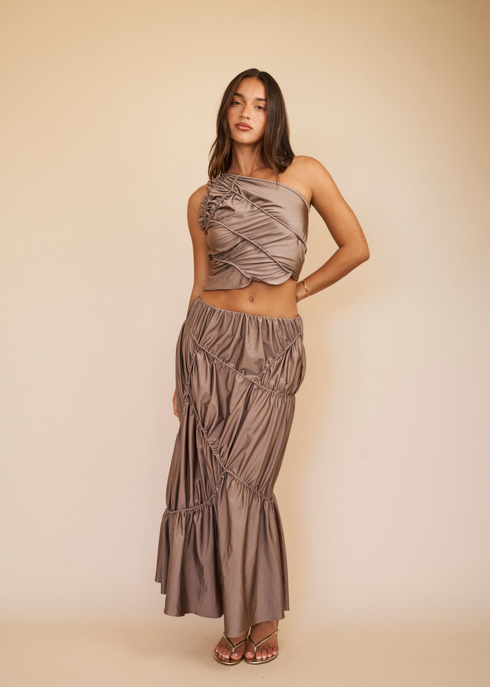 Mocha matching set with one shoulder top and ruched maxi skirt