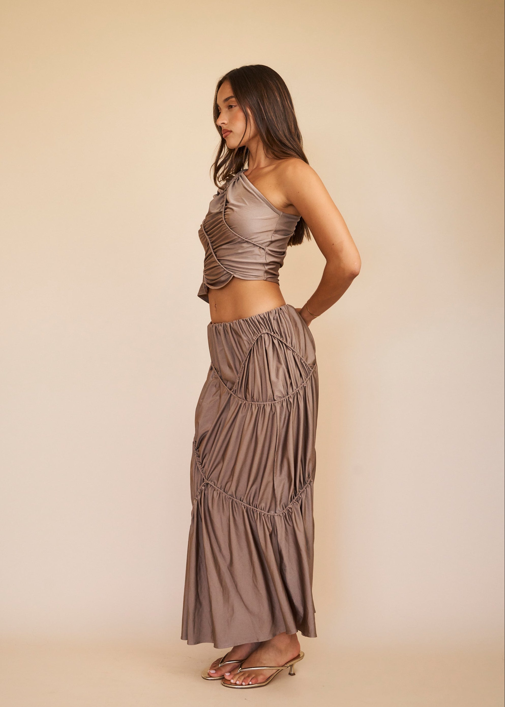 Mocha maxi skirt with one shoulder top 