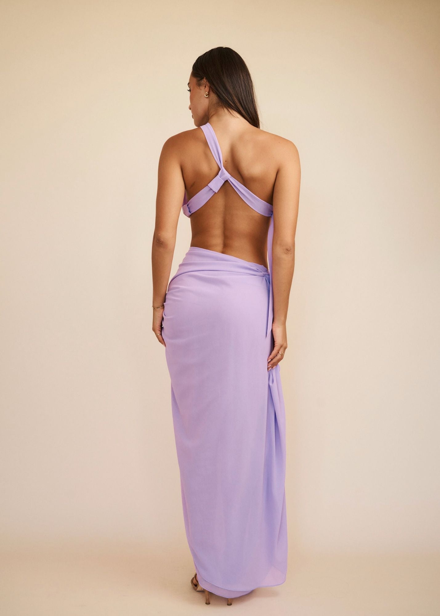 Backless tie detail lilac top and skirt set 