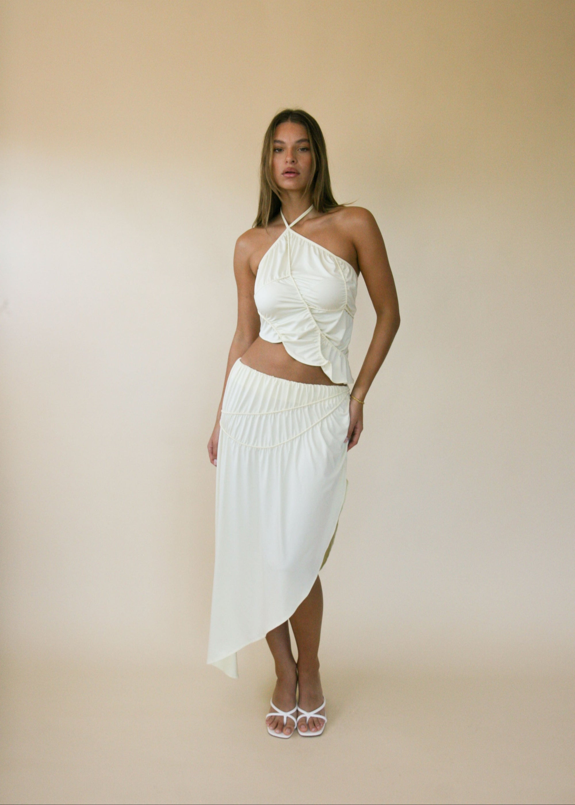 cream halter top with ruched skirt