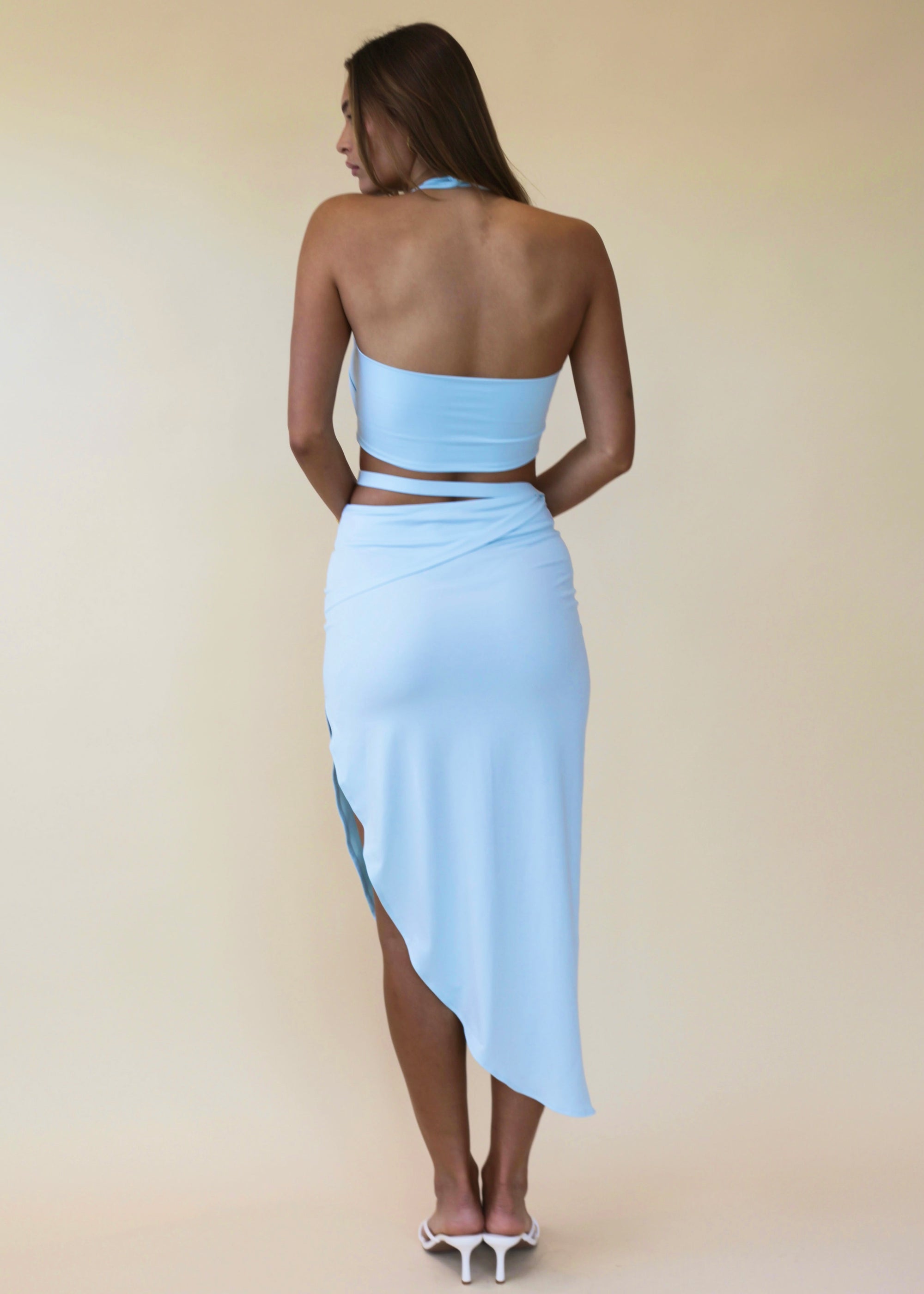 baby blue halter top with maxi skirt