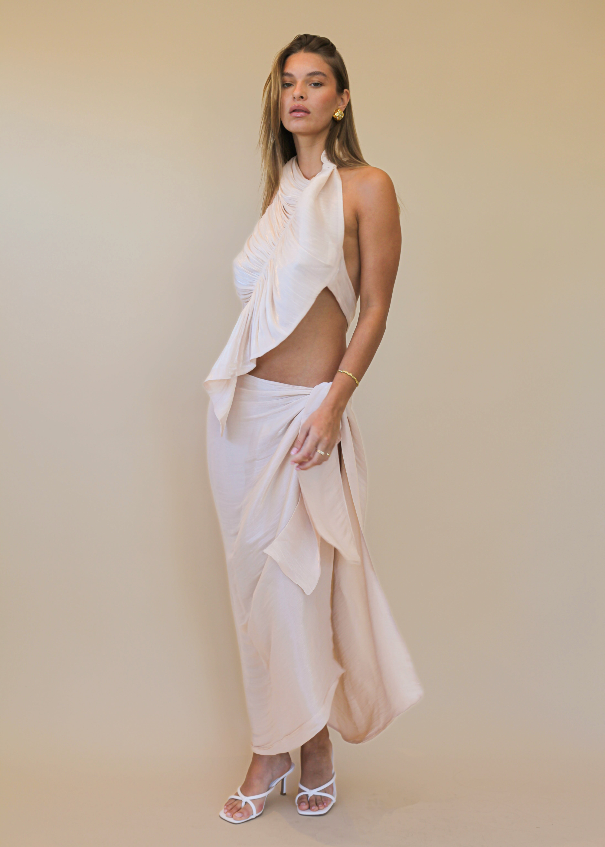 open back halter top and maxi skirt shining set